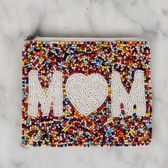 MOM COIN POUCH Mother HEART Love MULTI COLOR Coin Wallet CONFETTI Beaded Gift - Picture 3 of 5